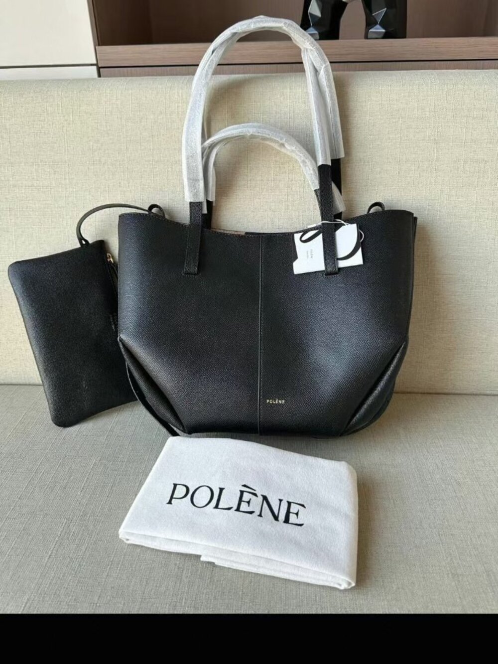 Polène Black Grained Leather Tote Bag With Detachable Pouch & Dust Bag